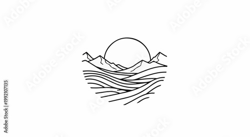Stylized sun over mountains and flowing water