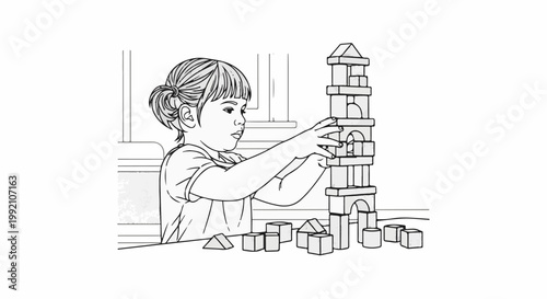Young girl intently stacking wooden blocks to build a tall tower