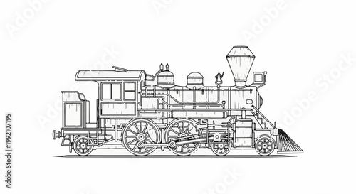 Vintage steam locomotive drawing, intricate mechanical detail, classic engine