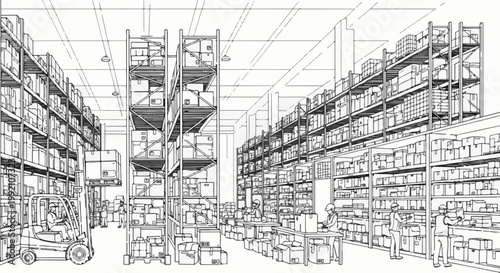 Warehouse interior with tall shelves filled with boxes, workers and forklift