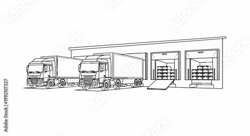 Warehouse loading bay with trucks and stacked goods