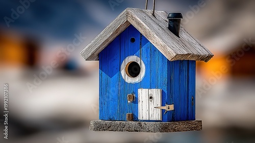Outdoor living photography, a blue bird feeder with a white window and shutters, a gray shingled roof, and a black chimney, hanging from a black pole. 