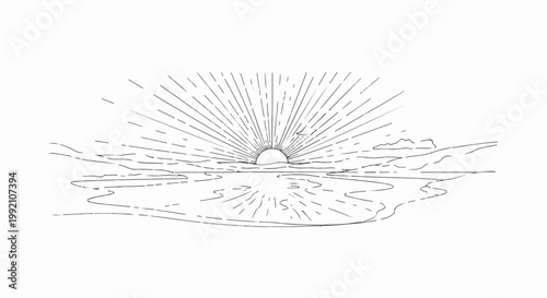 Stylized sunrise over calm water with distant landforms and scattered clouds