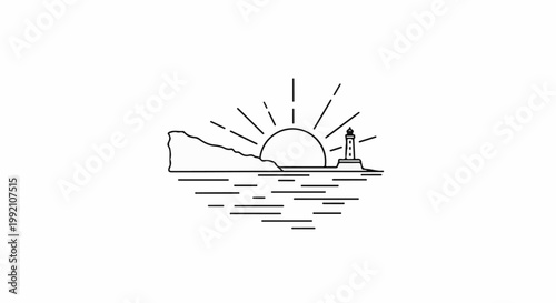 Stylized sunrise over water with a cliff and lighthouse