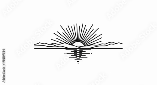 Stylized sunrise over wavy hills and calm water reflection