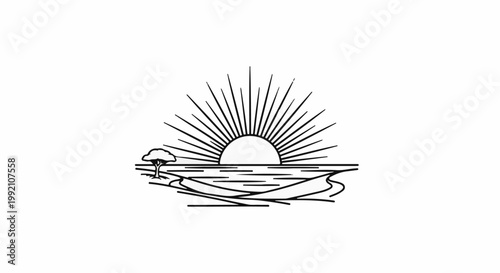 Stylized sunrise over water with a lone tree and landmass on left