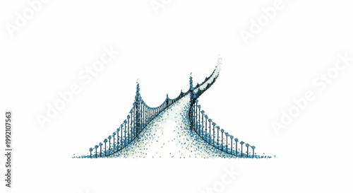 Stylized suspension bridge made of dots and lines on white background