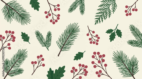 Seamless pattern with winter foliage, pine, holly berries, and oak leaves