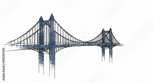 Stylized suspension bridge sketch with blue textured accents