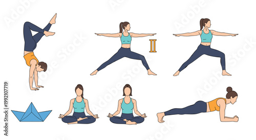 Health and fitness illustration showing a woman in various yoga and exercise poses like plank, meditation, and headstand.