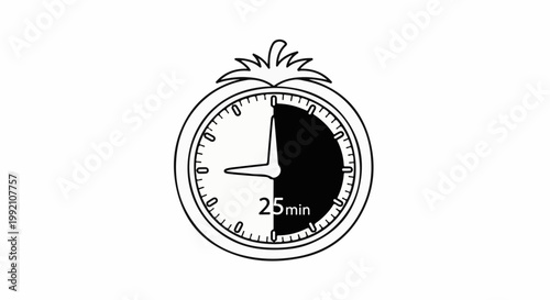 Stylized tomato timer indicating twenty-five minutes of time elapsed