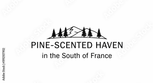 Stylized trees atop mountains with text below