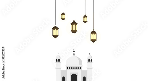 Ornate golden lanterns hang gracefully from the ceiling above a pristine white mosque silhouette against a stark minimalist background during a peaceful evening.