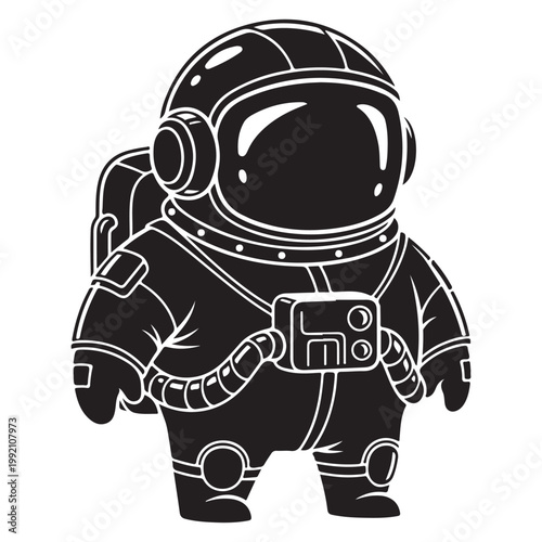 Minimalist black and white astronaut vector illustration in a chibi style for space themed logos and icons