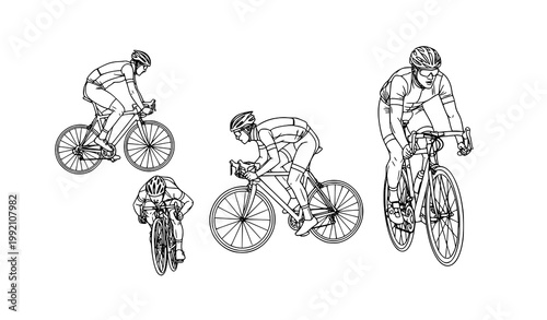 Scattered cycling people vector with three bicycle riders black and white isolated design
