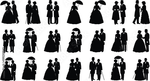 Victorian Era Couple Silhouette Set with Vintage Formal Attire, Top Hats, Ball Gowns, and Period Fashion Elements for Historical Design and Retro Wedding Invitations