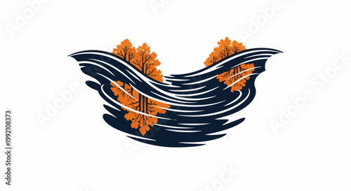 Stylized trees with orange foliage reflected in dark blue, swirling water