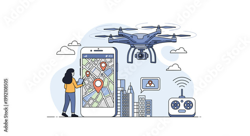 Drone delivery and mapping technology concept featuring a woman tracking flight paths on a smartphone with a remote control nearby.