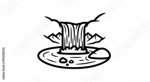 Stylized waterfall cascading into a pool with mountains backdrop