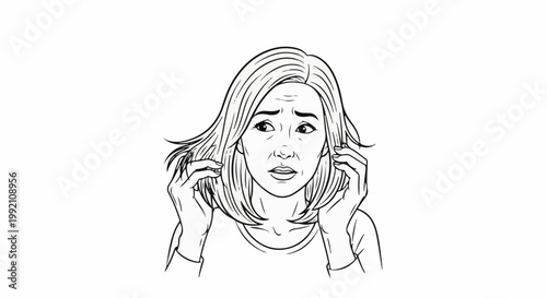 Young woman with furrowed brow, wide eyes, hands near ears, expressing fear