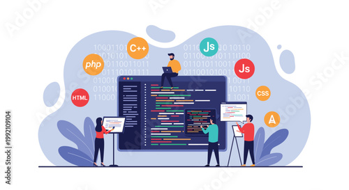 Web development and software engineering concept showing people collaborating on a complex coding project with various programming languages.