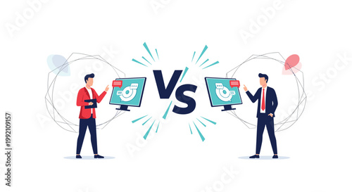 Business competition and comparison concept showing two professional rivals presenting their data versus each other on digital monitors.