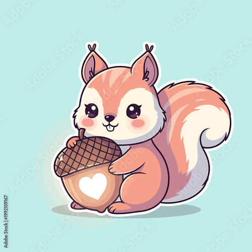 A cute cartoon squirrel holds an acorn with a heart on it in a kawaii style setting.