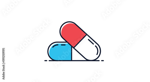 Medical capsules and pharmacy pill illustration showing two colorful medication tablets for health treatment and disease prevention.