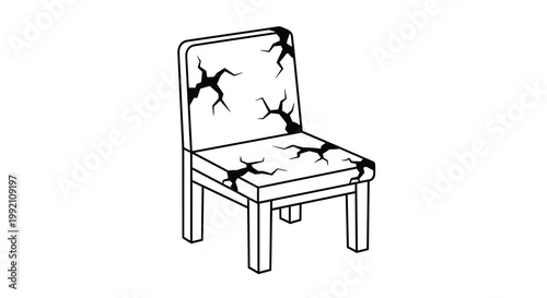 A minimalist black and white line drawing depicts a sturdy wooden chair suffering from multiple large jagged cracks across its upholstered backrest and seat cushion.
