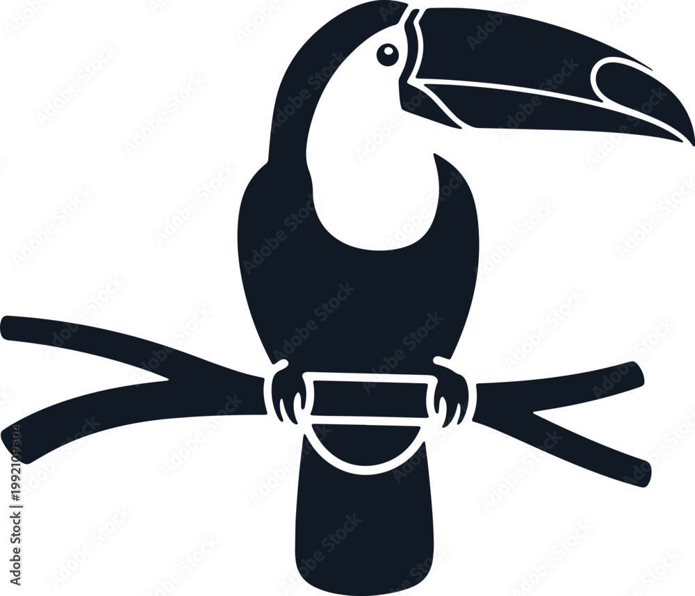 Fototapeta premium Toucan perched on a tree branch dark silhouette vector illustration.