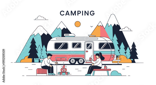 Camping and outdoor travel adventure concept featuring a couple relaxing by a campfire next to their camper trailer in a mountain forest.