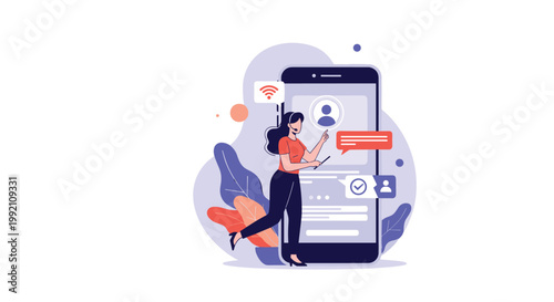 Customer service and online communication concept with a woman assisting clients through a mobile application with interactive messaging.