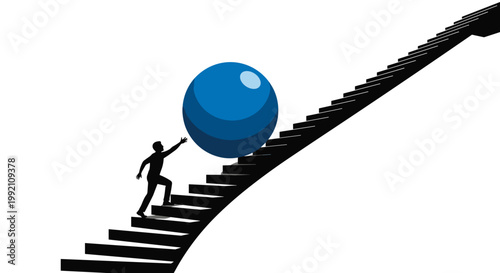A solitary black silhouette exerts great physical effort to push a massive reflective blue sphere up a steep and endless flight of dark geometric stairs.