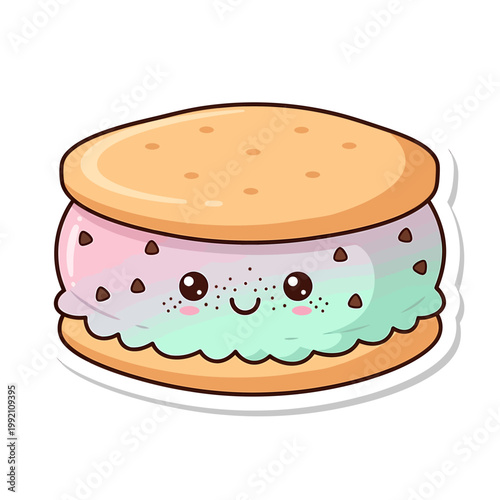 A kawaii ice cream sandwich with happy face on bun sits on surface