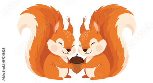 Adorable orange squirrel pair sharing a single large acorn to represent cooperation and preparation for the winter season in nature.