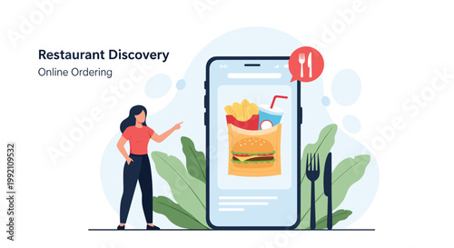 Online food ordering and restaurant discovery concept with a woman using a smartphone to browse menu options and delivery services.