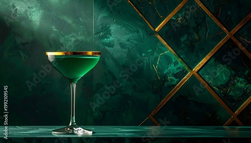 Luxurious green cocktail glass with gold rim