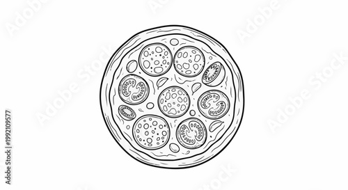 Whimsical black and white sketch of a round pizza with sliced toppings