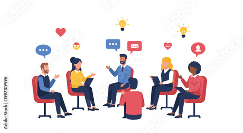 A diverse group of professional individuals engages in a collaborative meeting while sitting in red chairs with colorful icon bubbles floating above their heads.