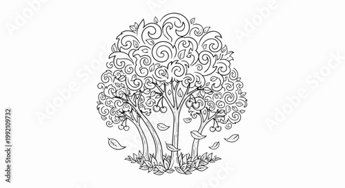 Whimsical, ornate tree with cherries and swirling leaves