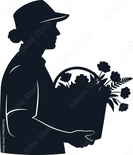 Woman wearing cap holding basket of flowers, delivery person silhouette.