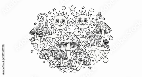 Whimsical psychedelic mushrooms and smiling suns inhabit a starry, cloud-filled sky