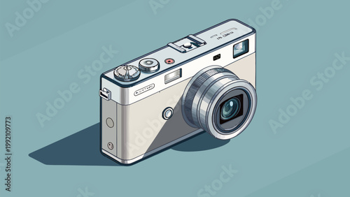 Isometric illustration of a vintage rangefinder camera in a minimalist style on a solid blue background