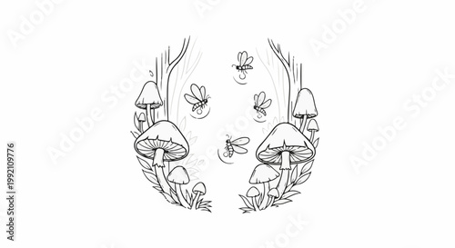 Whimsical woodland scene with mushrooms and flying insects
