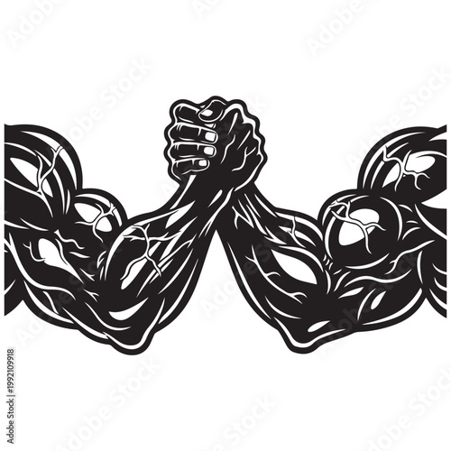 Arm wrestling muscular hands vector illustration representing competition strength and power for fitness logo or sports design