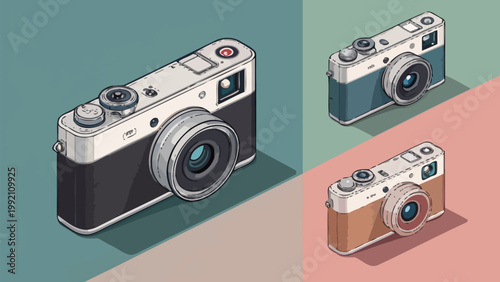 Isometric illustration of vintage film cameras in different colors on a stylized map background