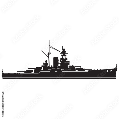 Black silhouette of a military battleship warship vector illustration for naval history and defense design projects