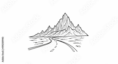 Winding road leads toward rugged mountains under open sky