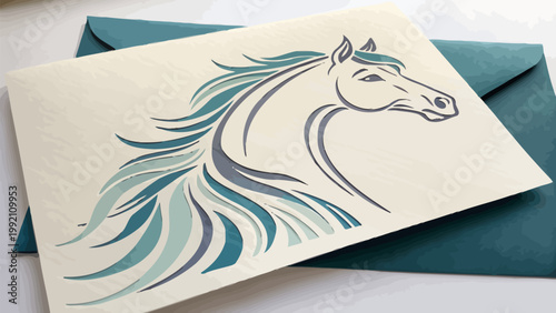 Stylized horse head illustration with flowing mane in shades of blue and teal on a cream background