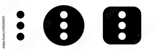 kebab menu icon set with vertical three dots symbol in button style. More options menu for web app interface, settings control and navigation actions
